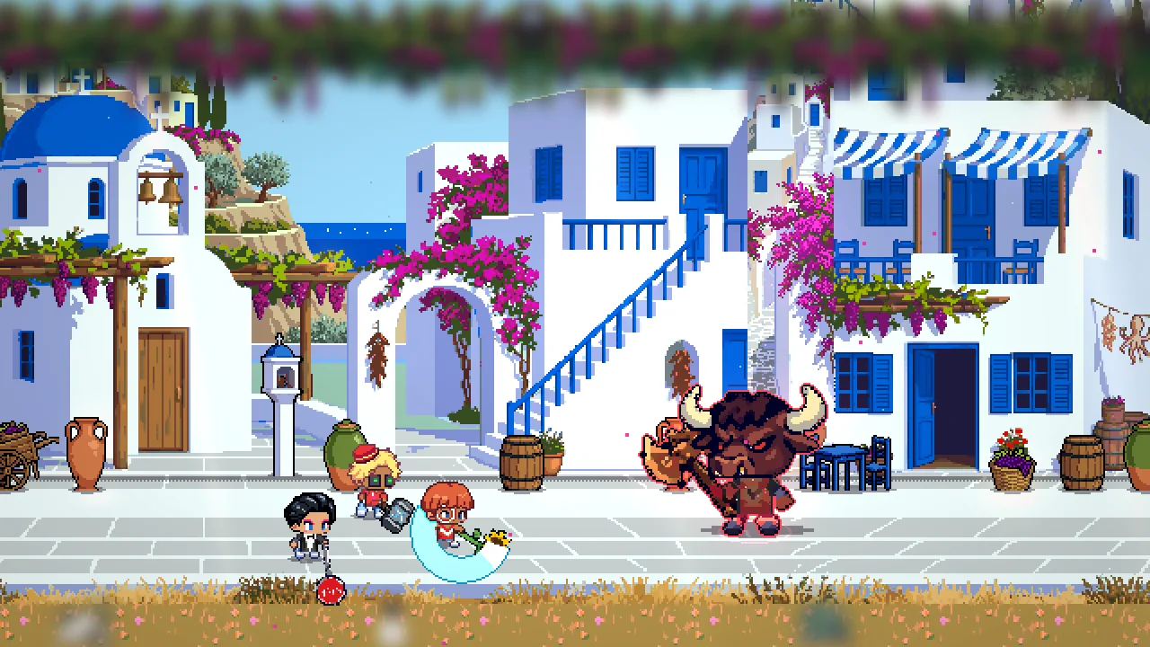 A giant bull boss over a party.