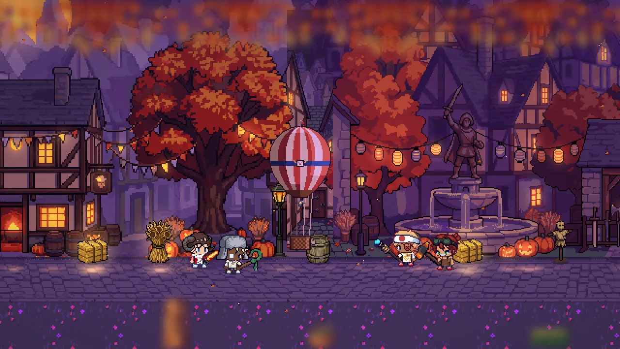 The harvest festival in the square, a balloon over the roofs.