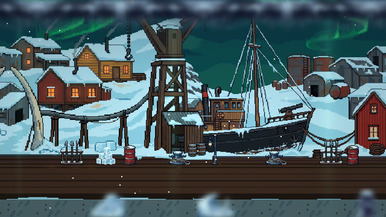 A frozen harbour under the northern lights.